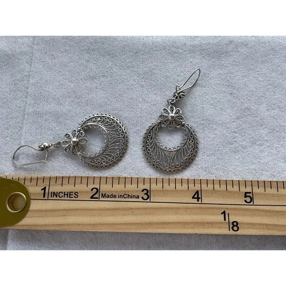 Vintage DGS Turkey Sterling Silver Crescent Moon Floral Dangle Earrings - Picture 3 of 6